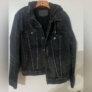 Black denim jacket with built in hoodie